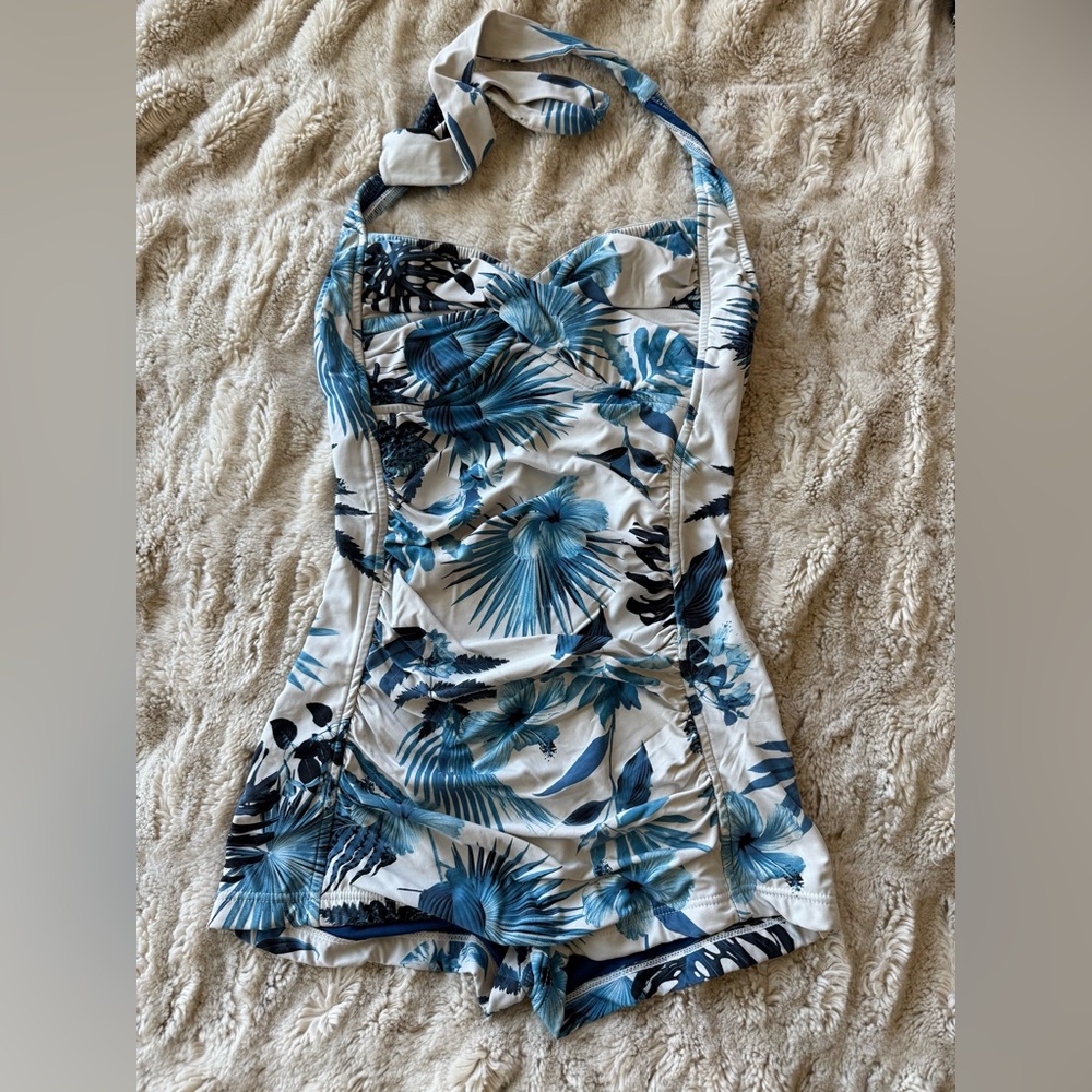 Seafolly Blue & White Tropical Halter Swimdress One-Piece